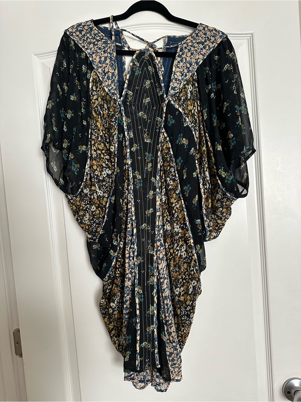 Anthropologie Black Floral Asymmetrical Boho Dress with Mustard Accents
